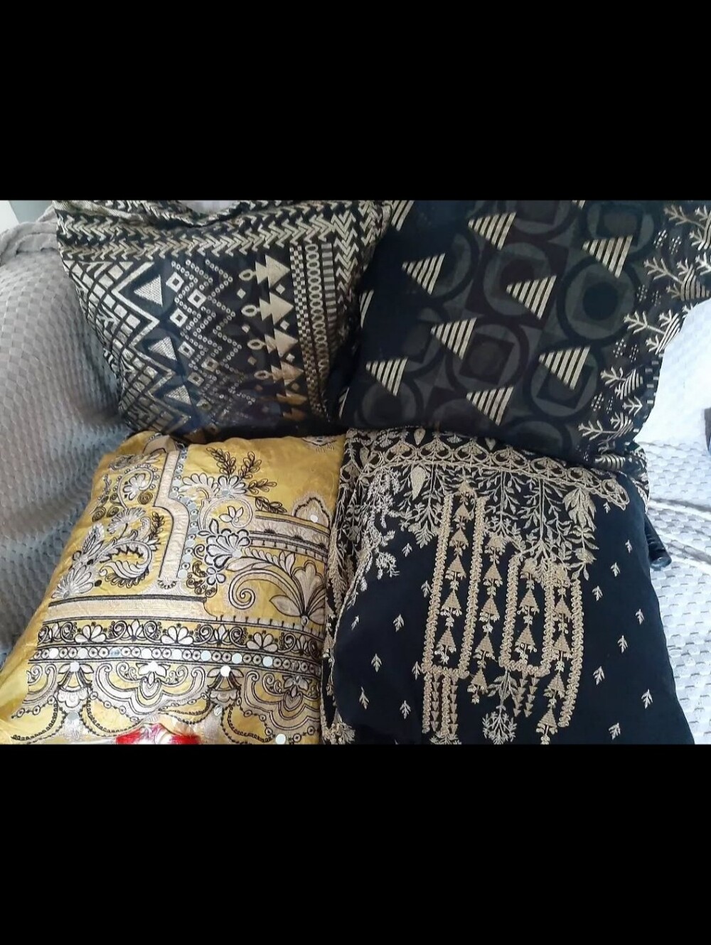 Decorative Black and Gold Embroidered Throw Pillow Handmade